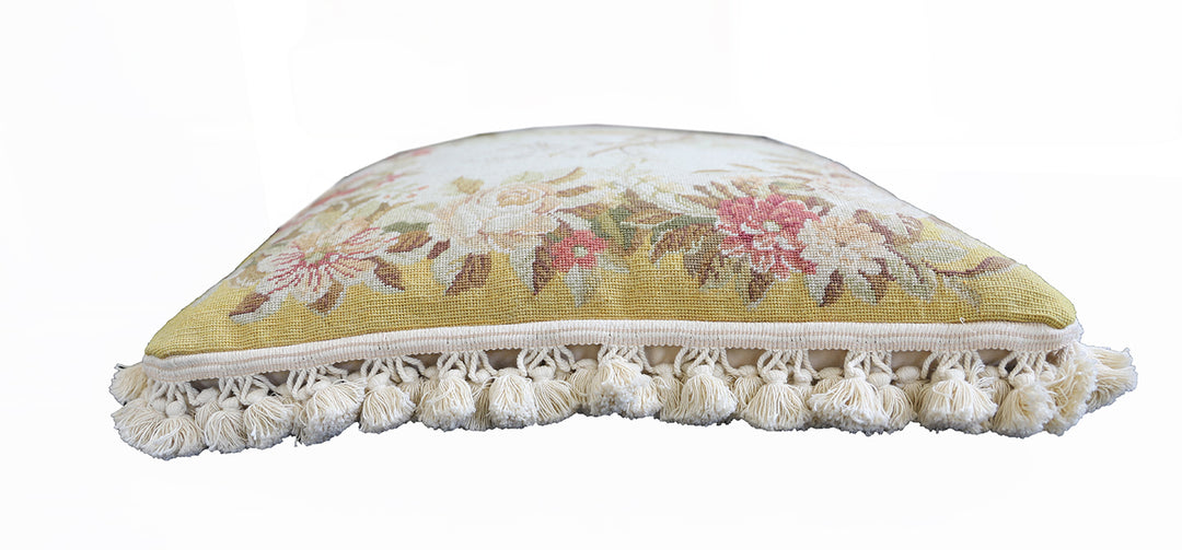  2'x2' Yellow and Cream Floral Hand Stitched Needlepoint Pillowcase