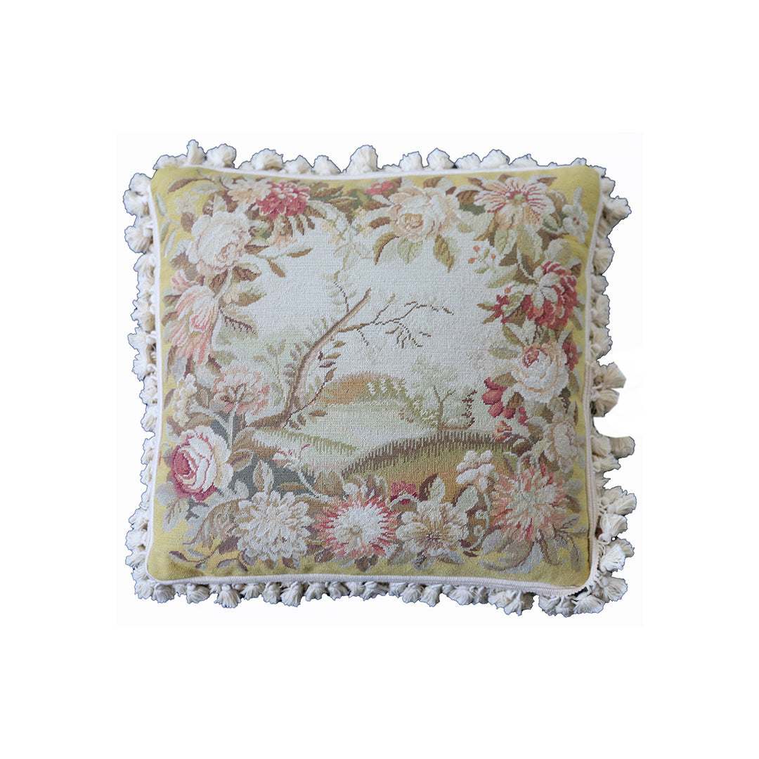  2'x2' Yellow and Cream Floral Hand Stitched Needlepoint Pillowcase