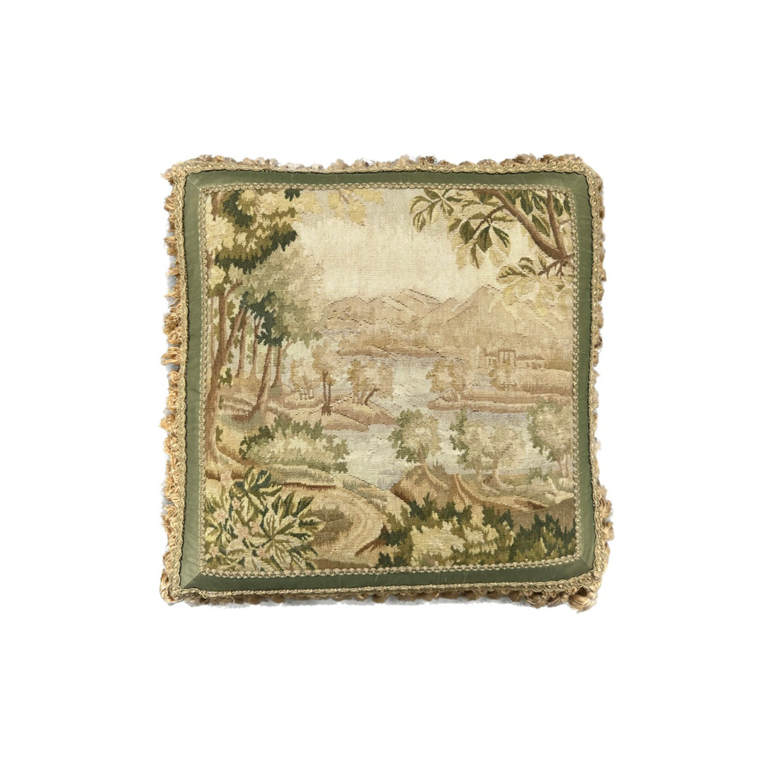 20"x20" Green and Gold Nature Scenery Silk and Wool Aubusson Pillowcase