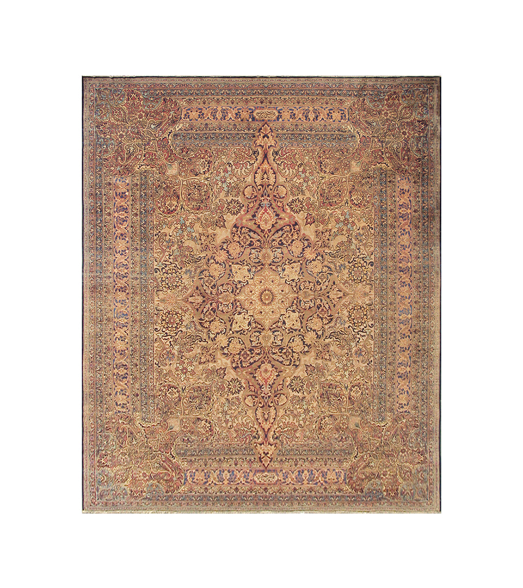 Decorative rug with intricate patterns on a plain background