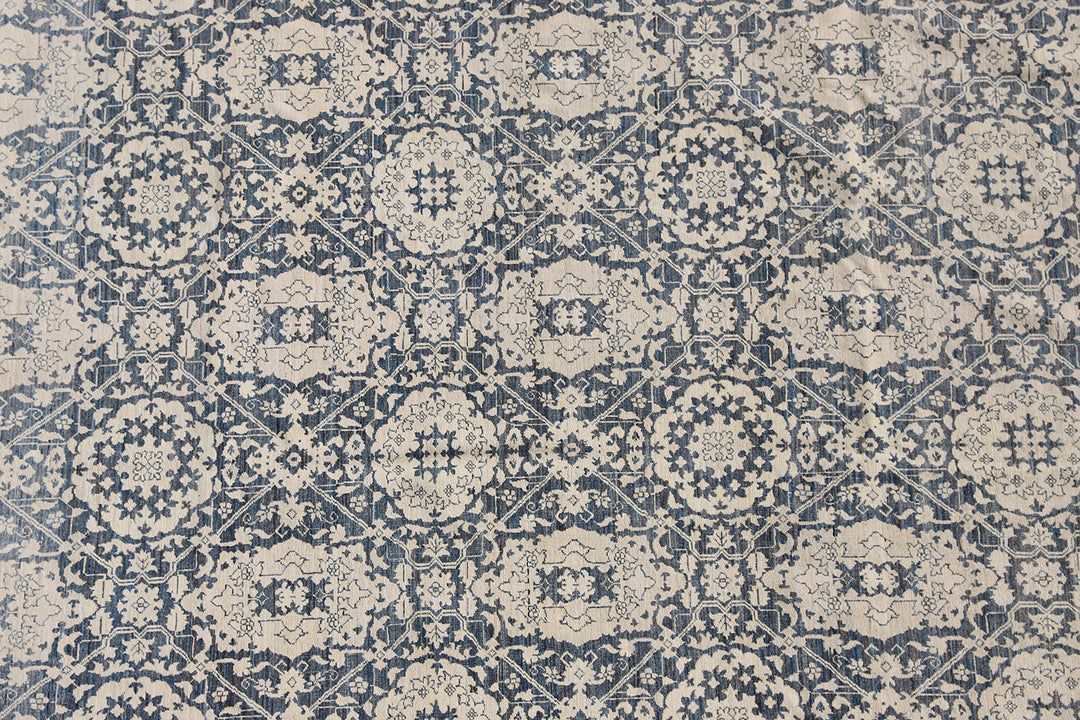 8'x11' Ariana Traditional Agra Design Navy Blue Beige Hand Knotted Wool Area Rug