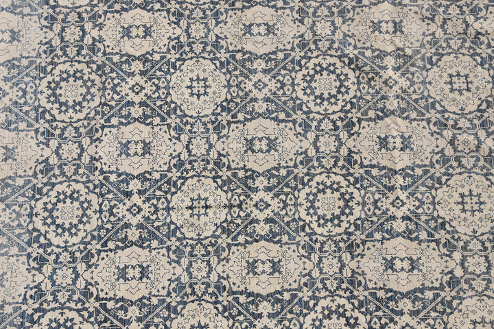 8'x11' Ariana Traditional Agra Design Navy Blue Beige Hand Knotted Wool Area Rug