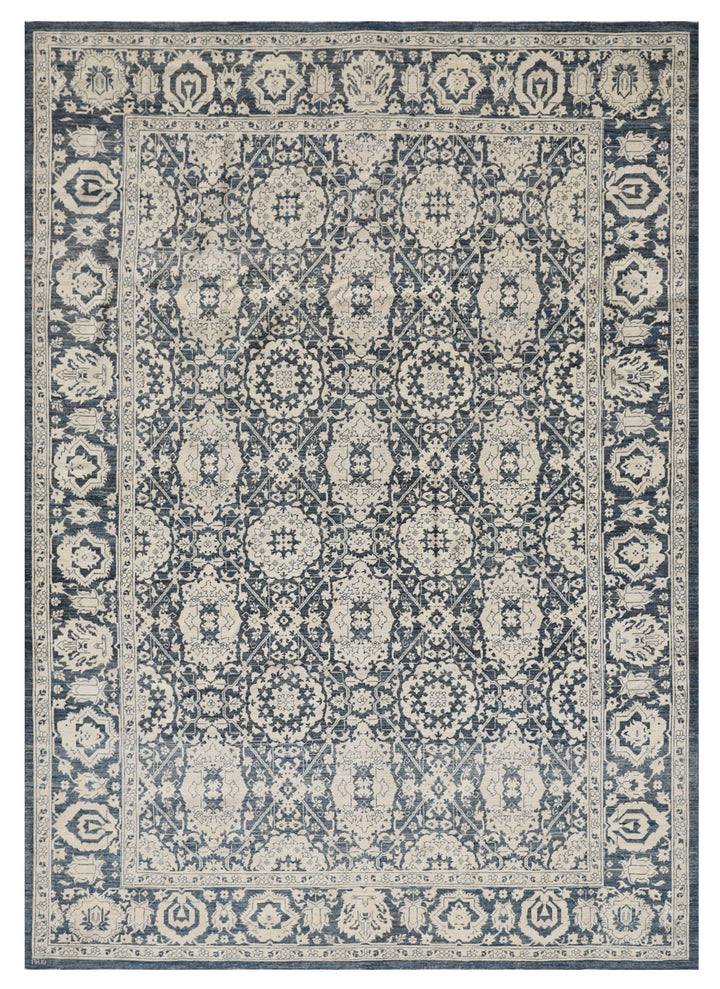 8'x11' Ariana Traditional Agra Design Navy Blue Beige Hand Knotted Wool Area Rug