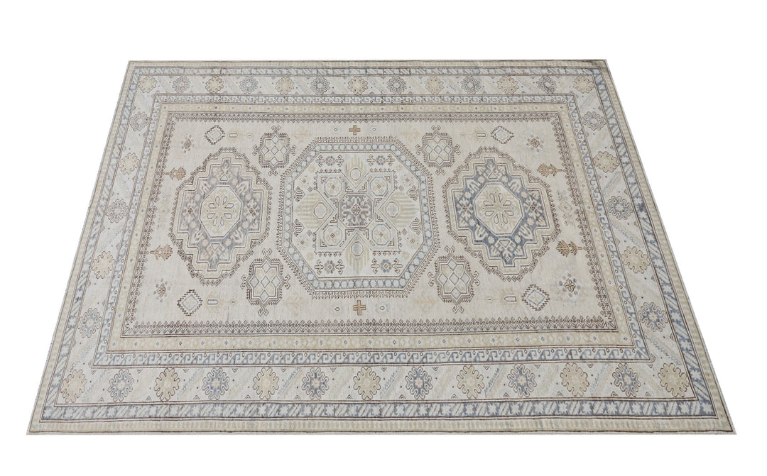 6'x9' Geometric Kazak Ariana Hazara Rug | Blue, White & Brown Wool