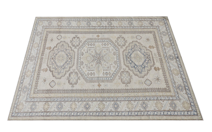 6'x9' Geometric Kazak Ariana Hazara Rug | Blue, White & Brown Wool