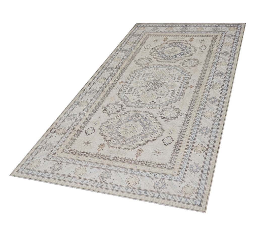 6'x9' Geometric Kazak Ariana Hazara Rug | Blue, White & Brown Wool