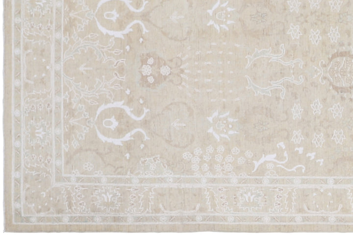 14'x4' Ariana Tabriz Design Ivory White Hand Knotted Wool Runner Rug