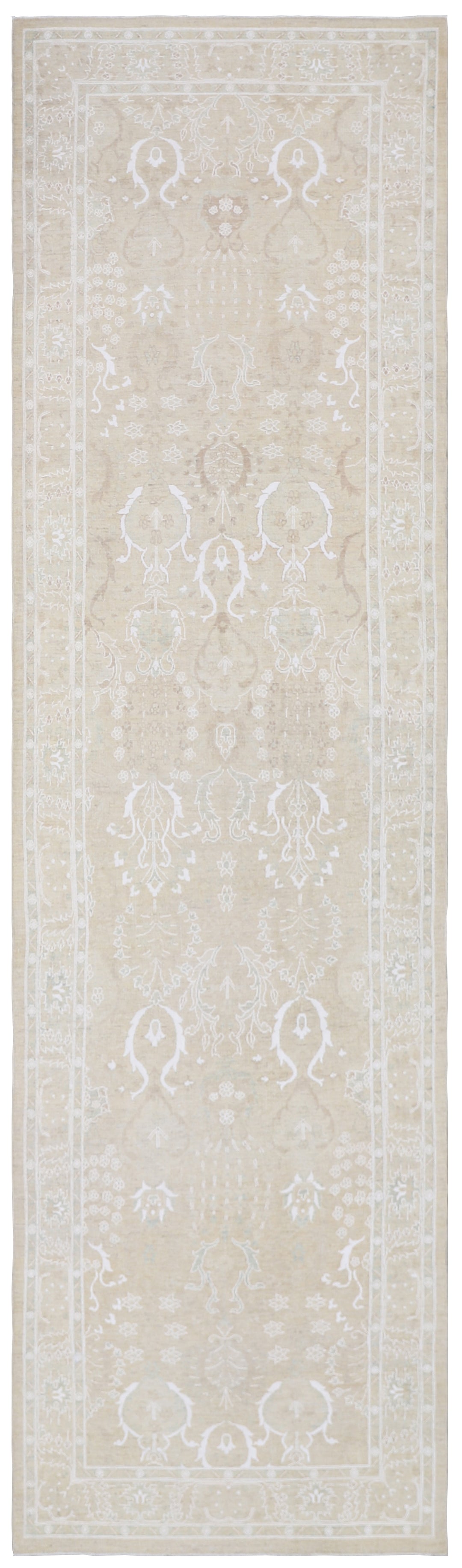 14'x4' Ariana Tabriz Design Ivory White Hand Knotted Wool Runner Rug