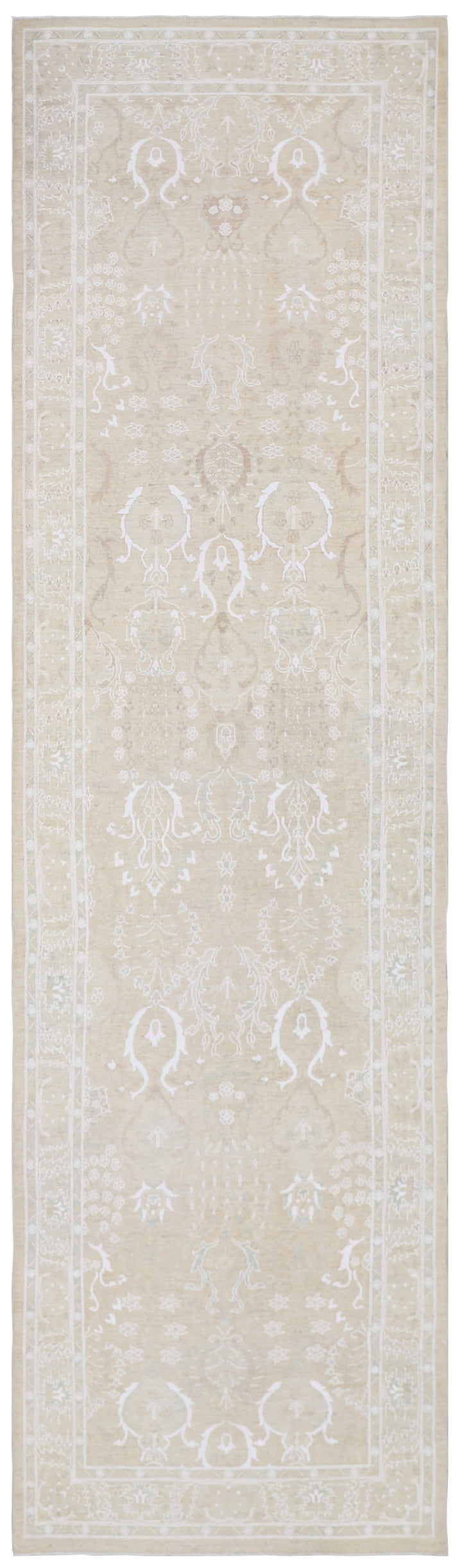 14'x4' Ariana Tabriz Design Ivory White Hand Knotted Wool Runner Rug