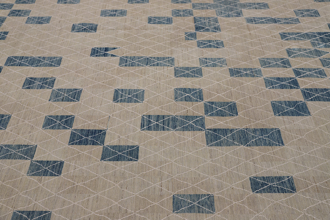 10'x14' Geometric Wool Area Rug | Blue & White Modern Rug