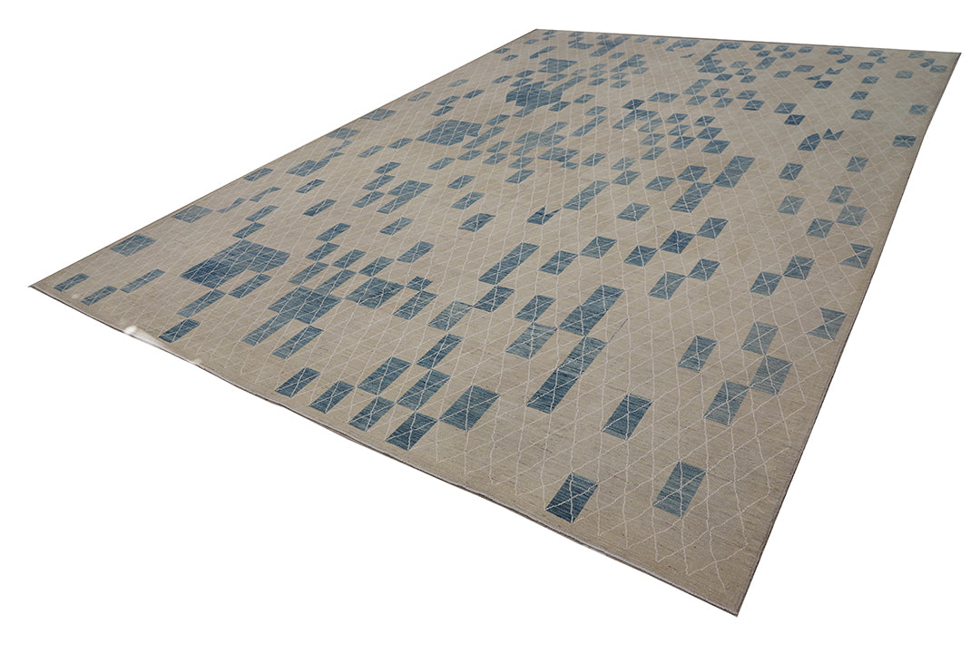 10'x14' Geometric Wool Area Rug | Blue & White Modern Rug