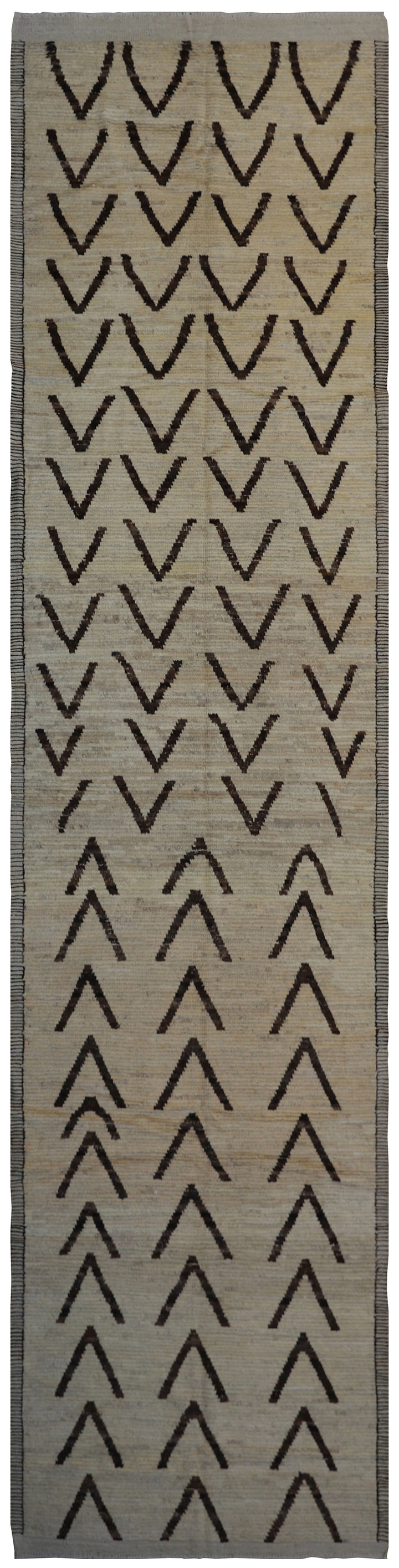 4'x15' Ivory and Brown Contemporary Moroccan Shag Wool Runner Rug