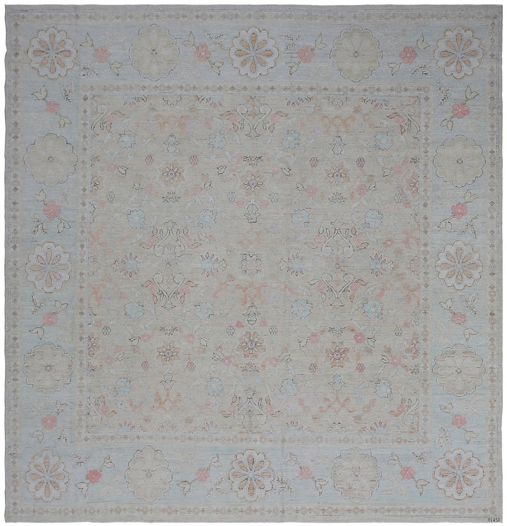8'x8' Ariana Fine Square Tabriz Design Ivory Pink Blue Hand Knotted Wool Rug