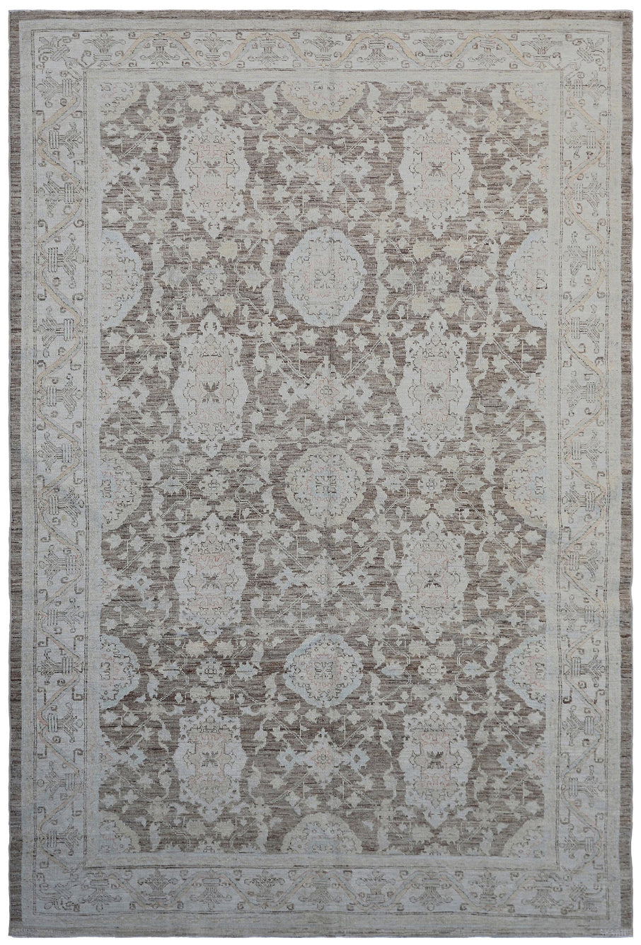 6'x9' Ariana Medium Agra Design Brown Ivory Hand Knotted Wool Rug
