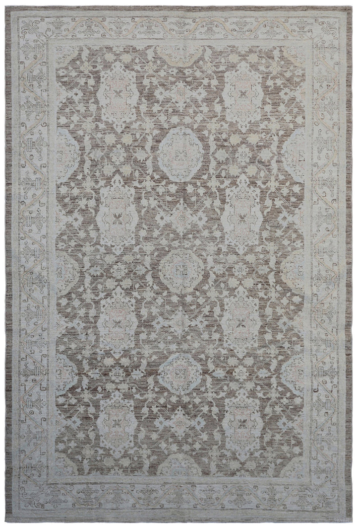 6'x9' Ariana Medium Agra Design Brown Ivory Hand Knotted Wool Rug