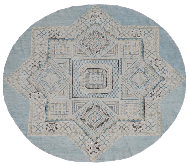 7'x7' Ariana Traditional Geometric Circular Blue Ivory Wool Round Rug