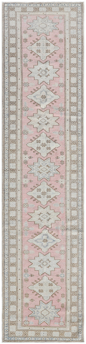 3'x11' Ariana Kazak Design Pink Ivory Blue Hazara Hand Knotted Wool Runner Rug