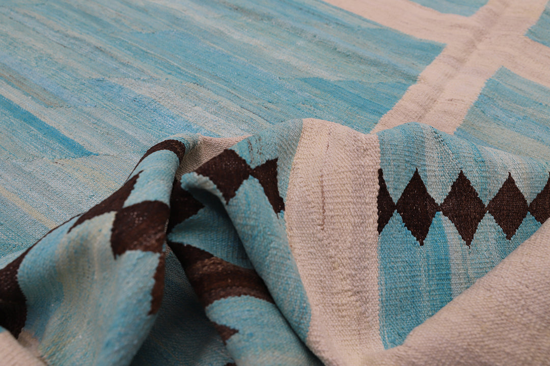 10'x14' Handwoven Kilim Rug | Turquoise Brown Ivory | Luxury Geometric