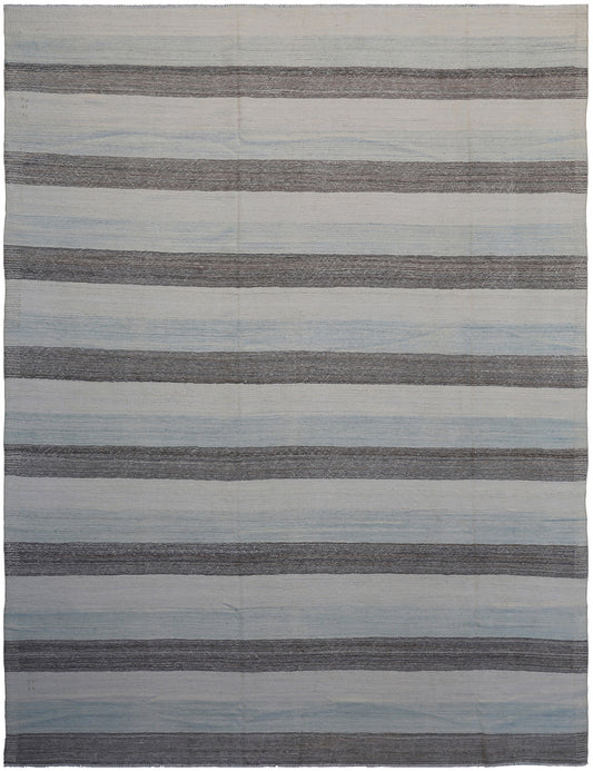 8'x11' Ariana Blue Ivory and Brown Striped Kilim Area Rug