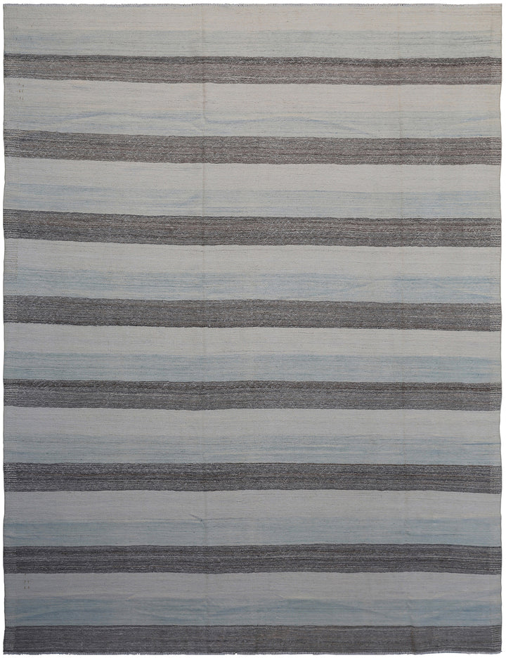 8'x11' Ariana Blue Ivory and Brown Striped Kilim Area Rug