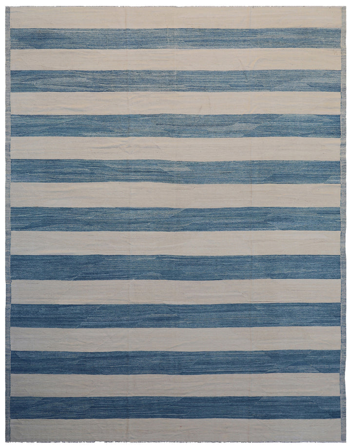 9'x12' Blue and Ivory White Striped Ariana Kilim Rug