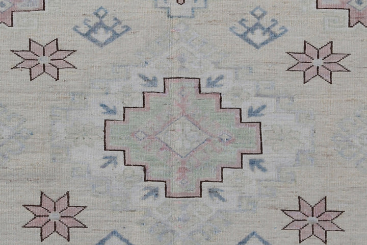 6'x7' Ariana Caucasian Design Ivory Blue Geometric Wool Rug