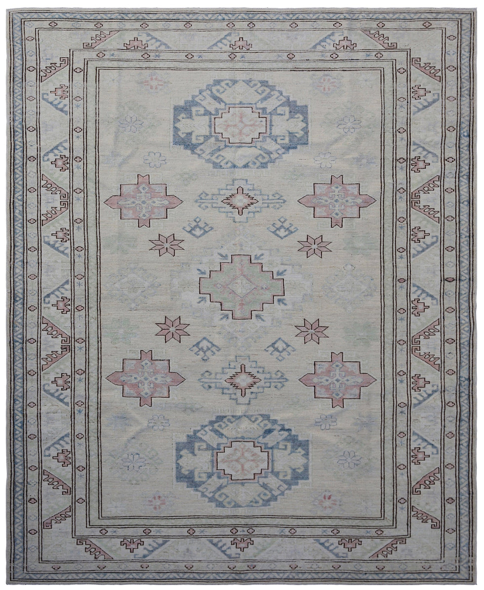 6'x7' Ariana Caucasian Design Ivory Blue Geometric Wool Rug