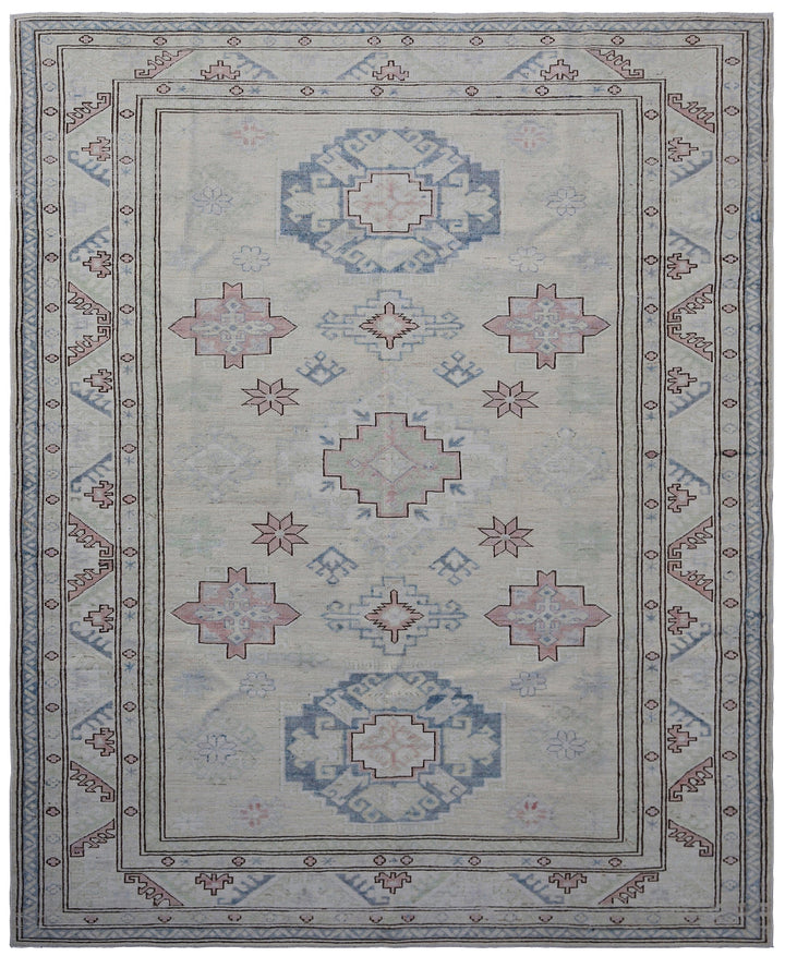 6'x7' Ariana Caucasian Design Ivory Blue Geometric Wool Rug