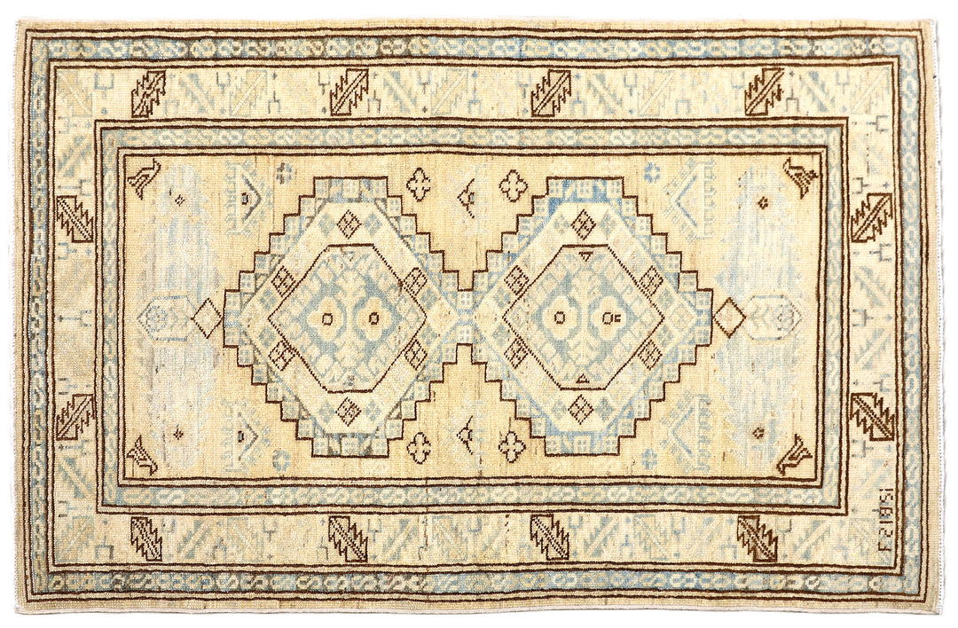 2'x4' Ariana Hazara Afghan Hand-Knotted Caucasian Rug – Tan, Camel & Blue Area Rug