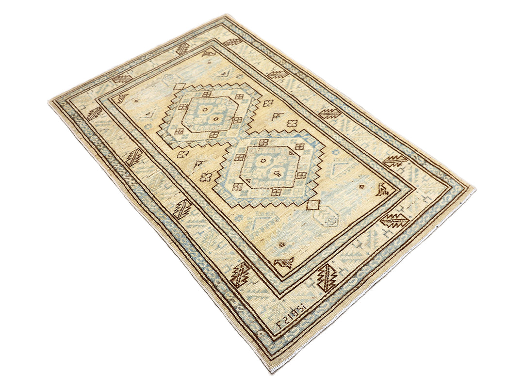 2'x4' Ariana Hazara Afghan Hand-Knotted Caucasian Rug – Tan, Camel & Blue Area Rug