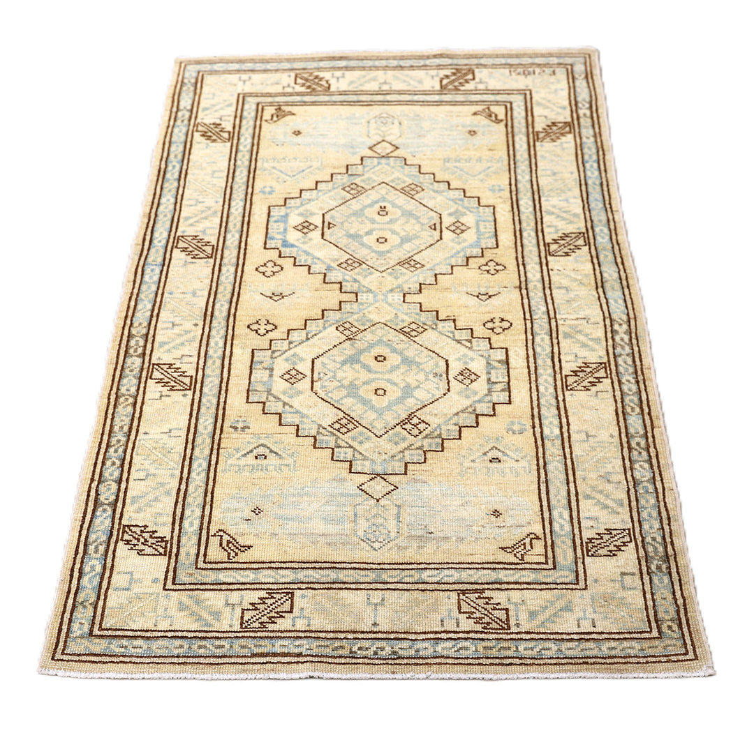 2'x4' Ariana Hazara Afghan Hand-Knotted Caucasian Rug – Tan, Camel & Blue Area Rug