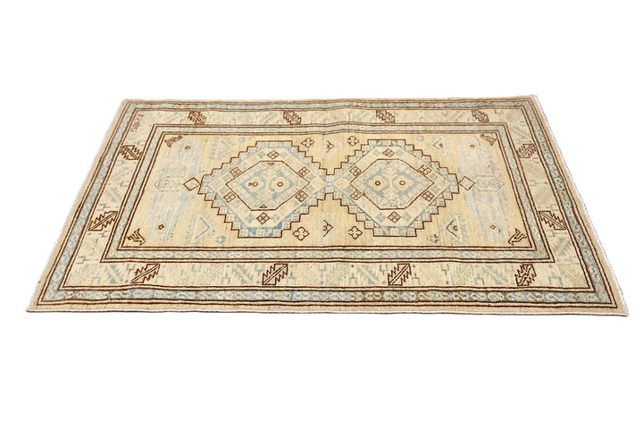 2'x4' Ariana Hazara Afghan Hand-Knotted Caucasian Rug – Tan, Camel & Blue Area Rug