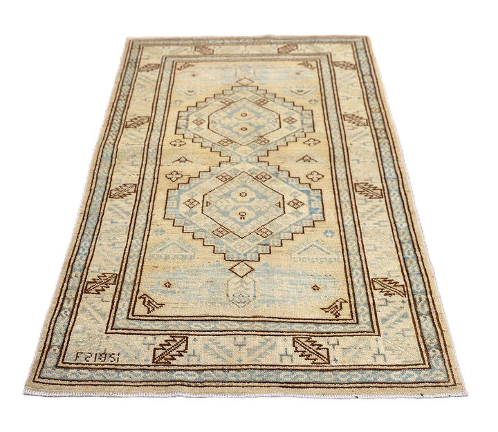 2'x4' Ariana Hazara Afghan Hand-Knotted Caucasian Rug – Tan, Camel & Blue Area Rug