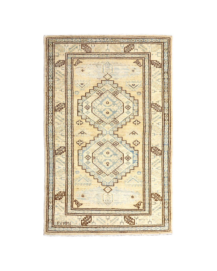 2'x4' Ariana Hazara Afghan Hand-Knotted Caucasian Rug – Tan, Camel & Blue Area Rug