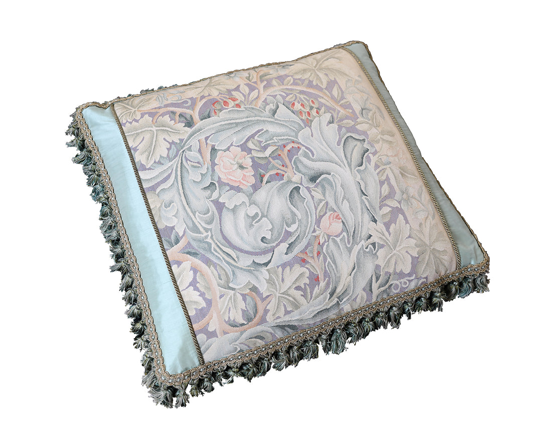 22"x25" Blue Floral Aubusson Silk Pillow Cover | Ariana Rugs