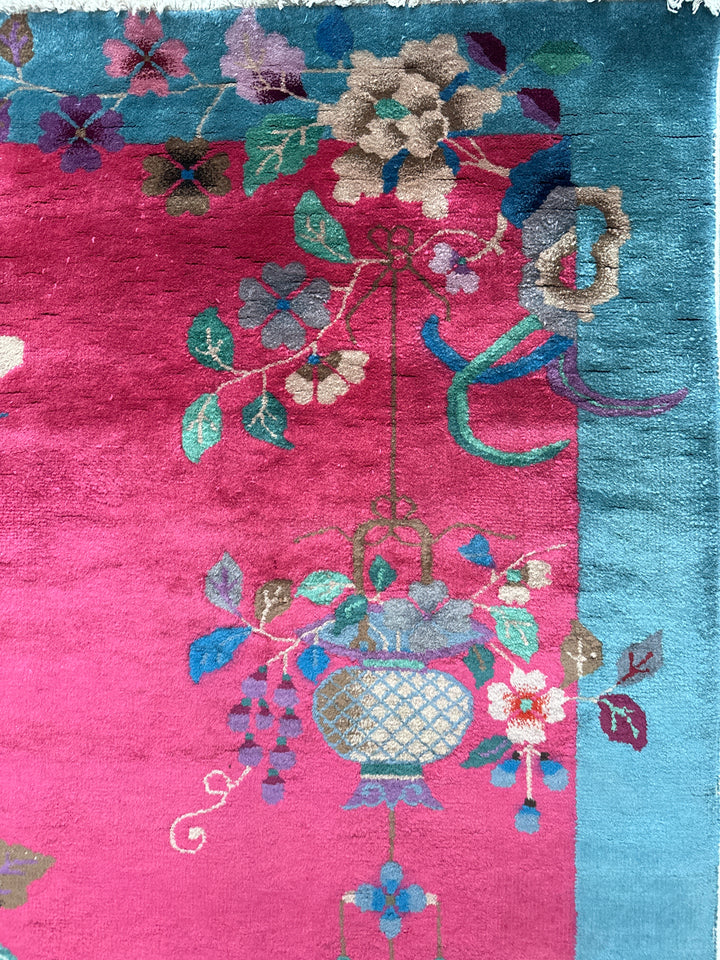 3'x5' Green and Red Floral Chinese Art Deco Rug