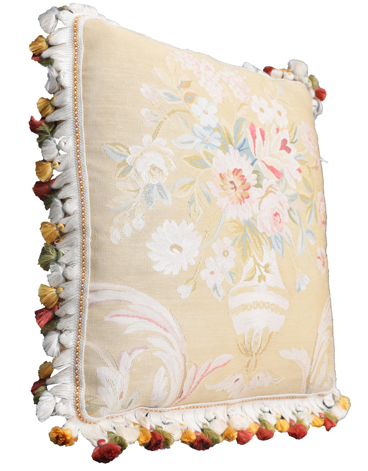 21''x21'' Tan and Cream Floral Hand-Woven Silk Aubusson Pillowcase