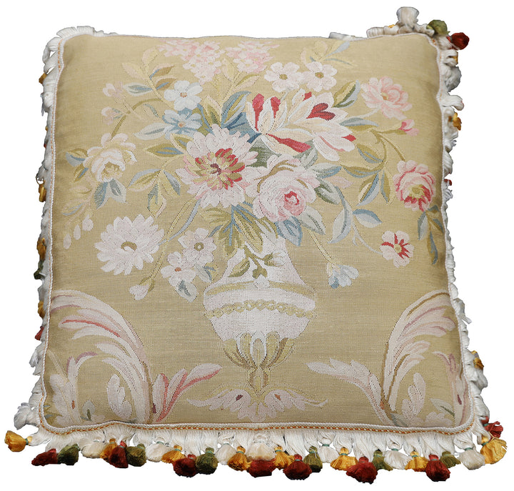 21''x21'' Tan and Cream Floral Hand-Woven Silk Aubusson Pillowcase