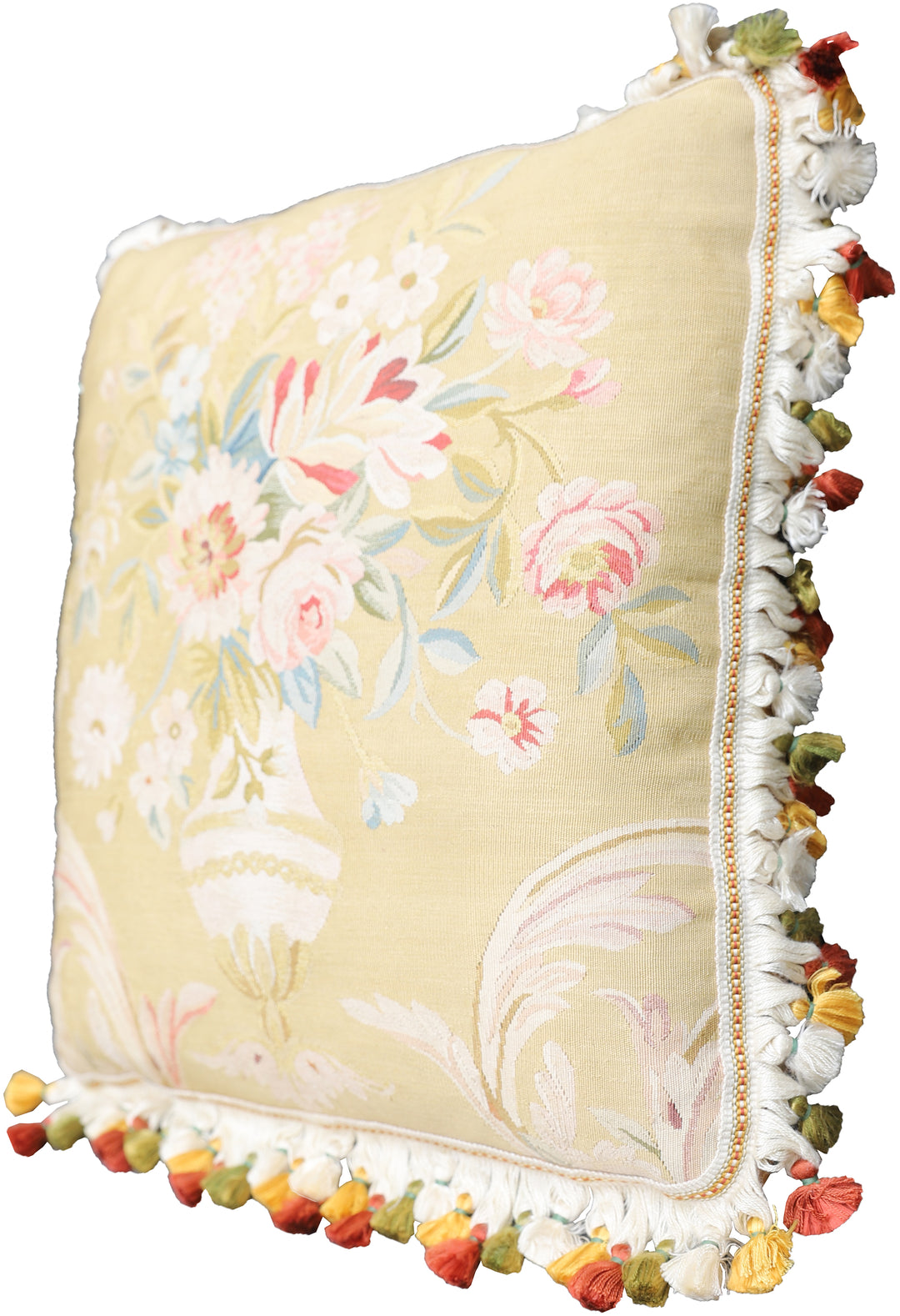 21''x21'' Tan and Cream Floral Hand-Woven Silk Aubusson Pillowcase