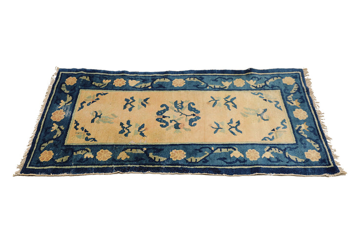 2'x4' Antique Chinese Peking Rug | Blue & Beige Floral 