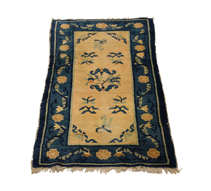 2'x4' Antique Chinese Peking Rug | Blue & Beige Floral 