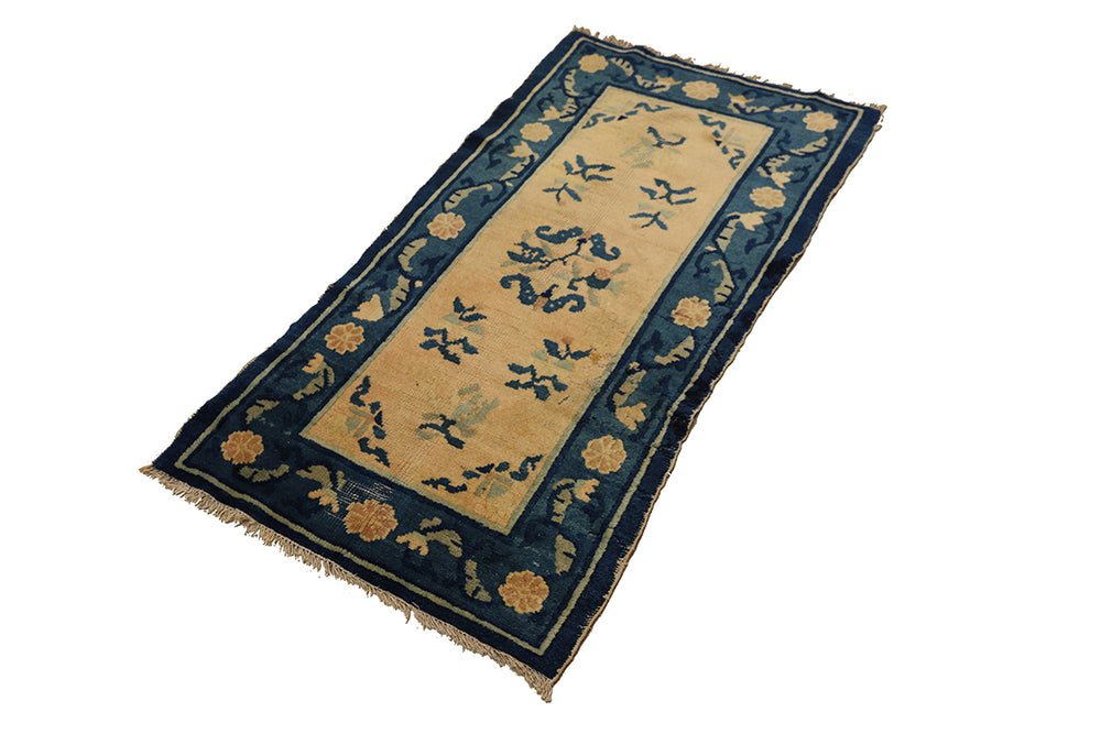 2'x4' Antique Chinese Peking Rug | Blue & Beige Floral 