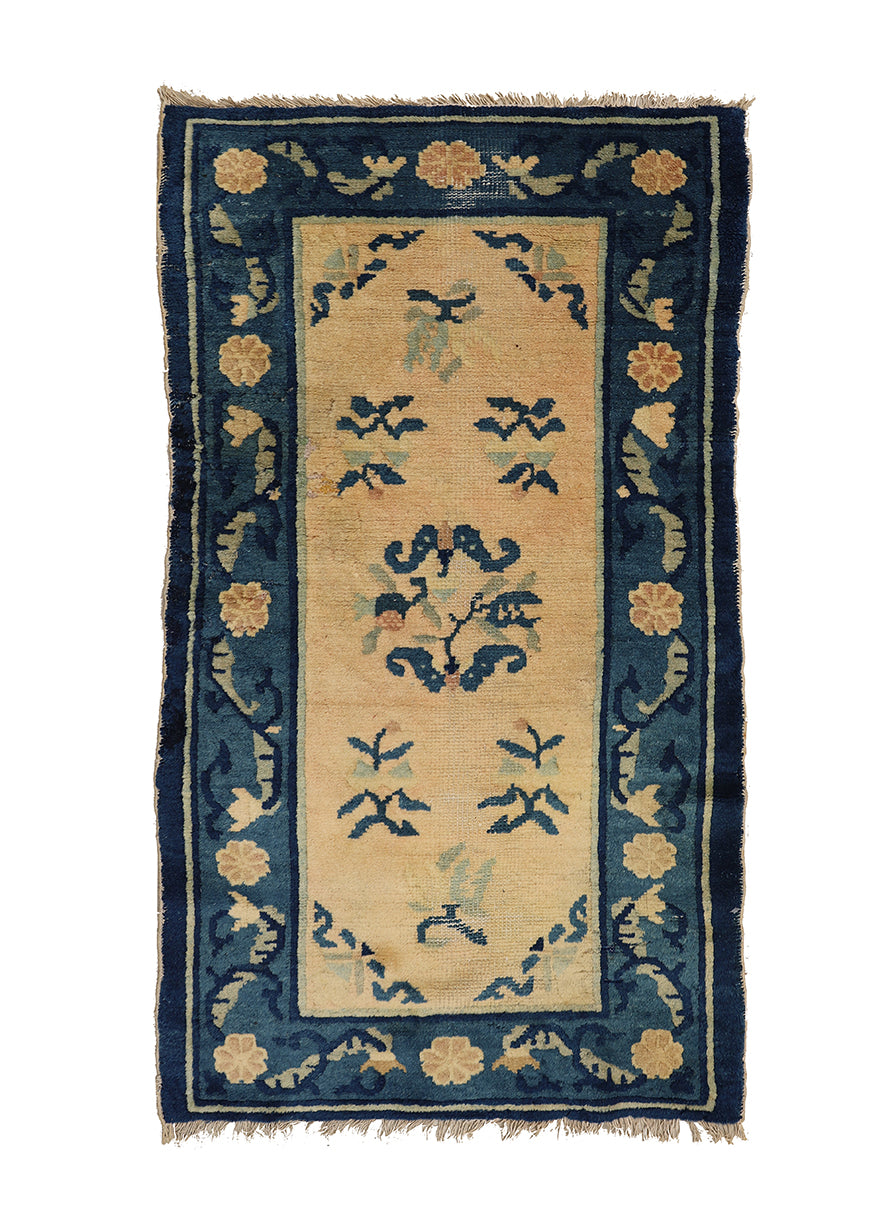 2'x4' Antique Chinese Peking Rug | Blue & Beige Floral 