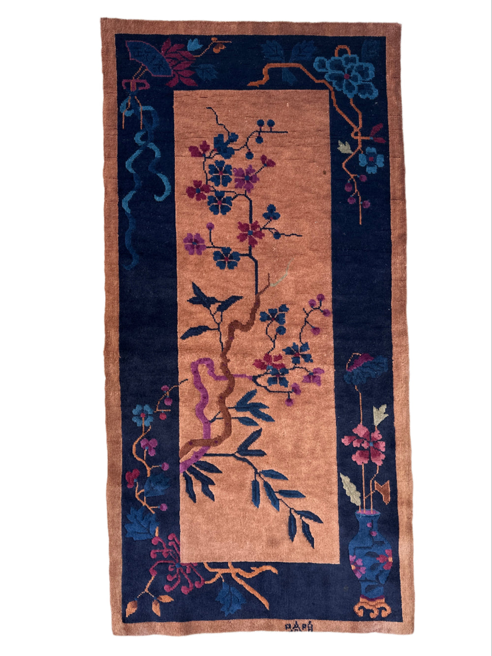 2'x5' Vintage Chinese Art Deco Rug | Brown & Navy Deco Rug