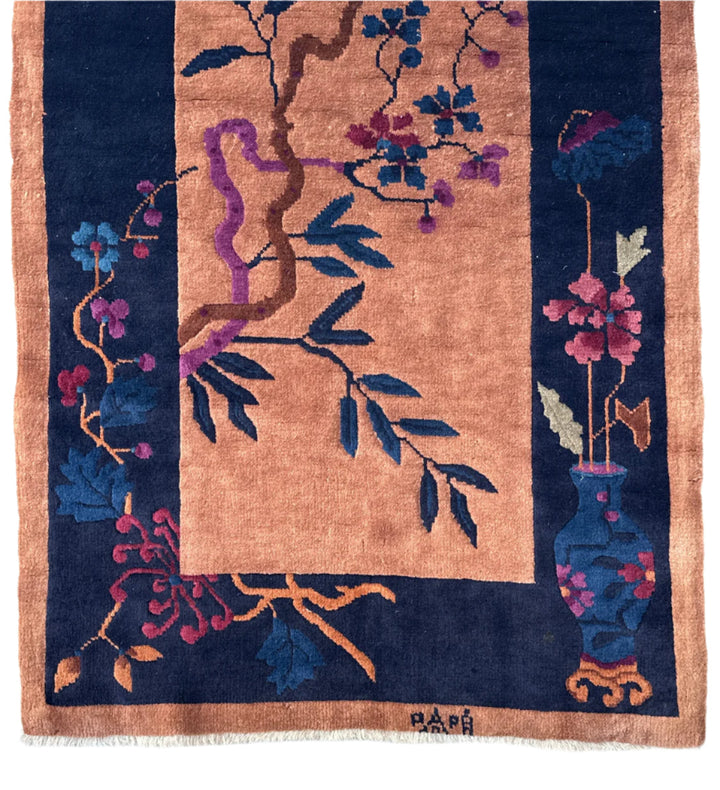 2'x5' Vintage Chinese Art Deco Rug | Brown & Navy Deco Rug