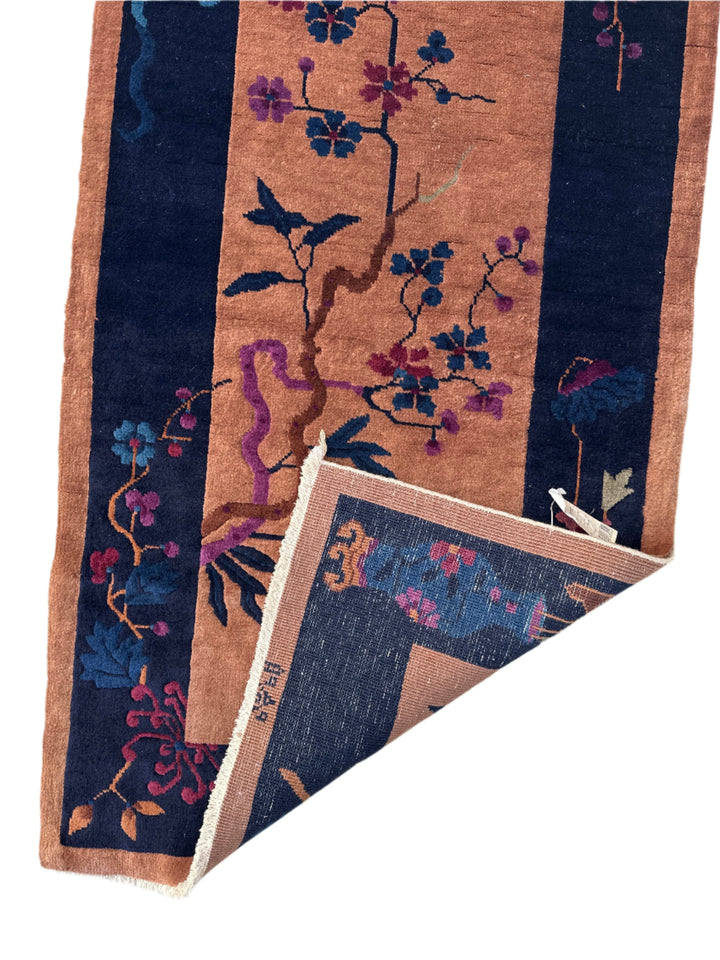 2'x5' Vintage Chinese Art Deco Rug | Brown & Navy Deco Rug