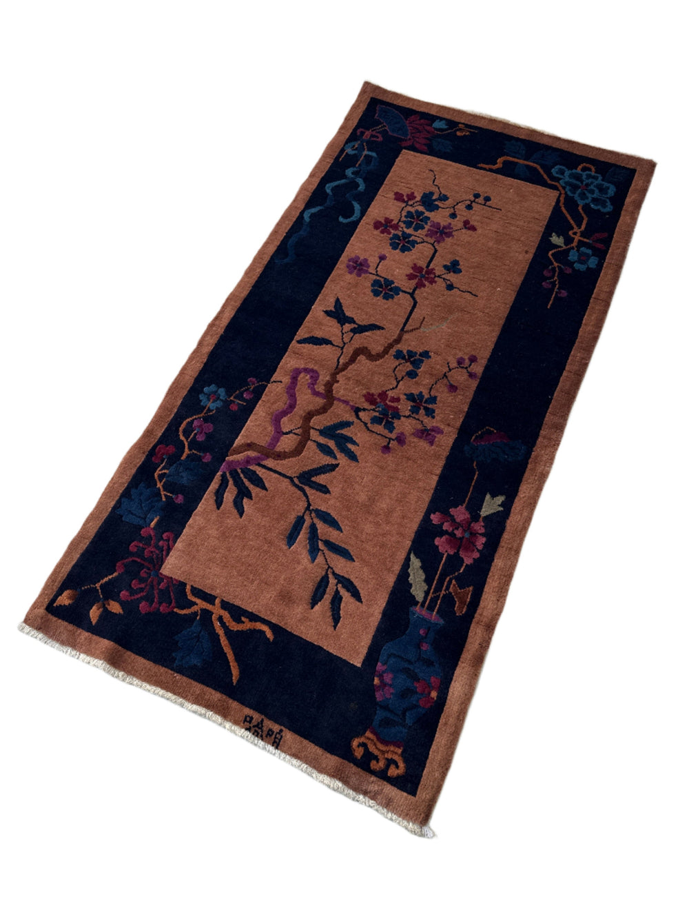 2'x5' Vintage Chinese Art Deco Rug | Brown & Navy Deco Rug