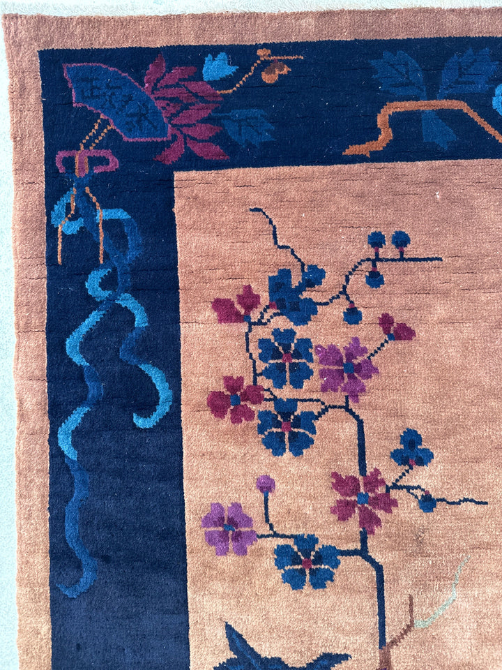 2'x5' Vintage Chinese Art Deco Rug | Brown & Navy Deco Rug