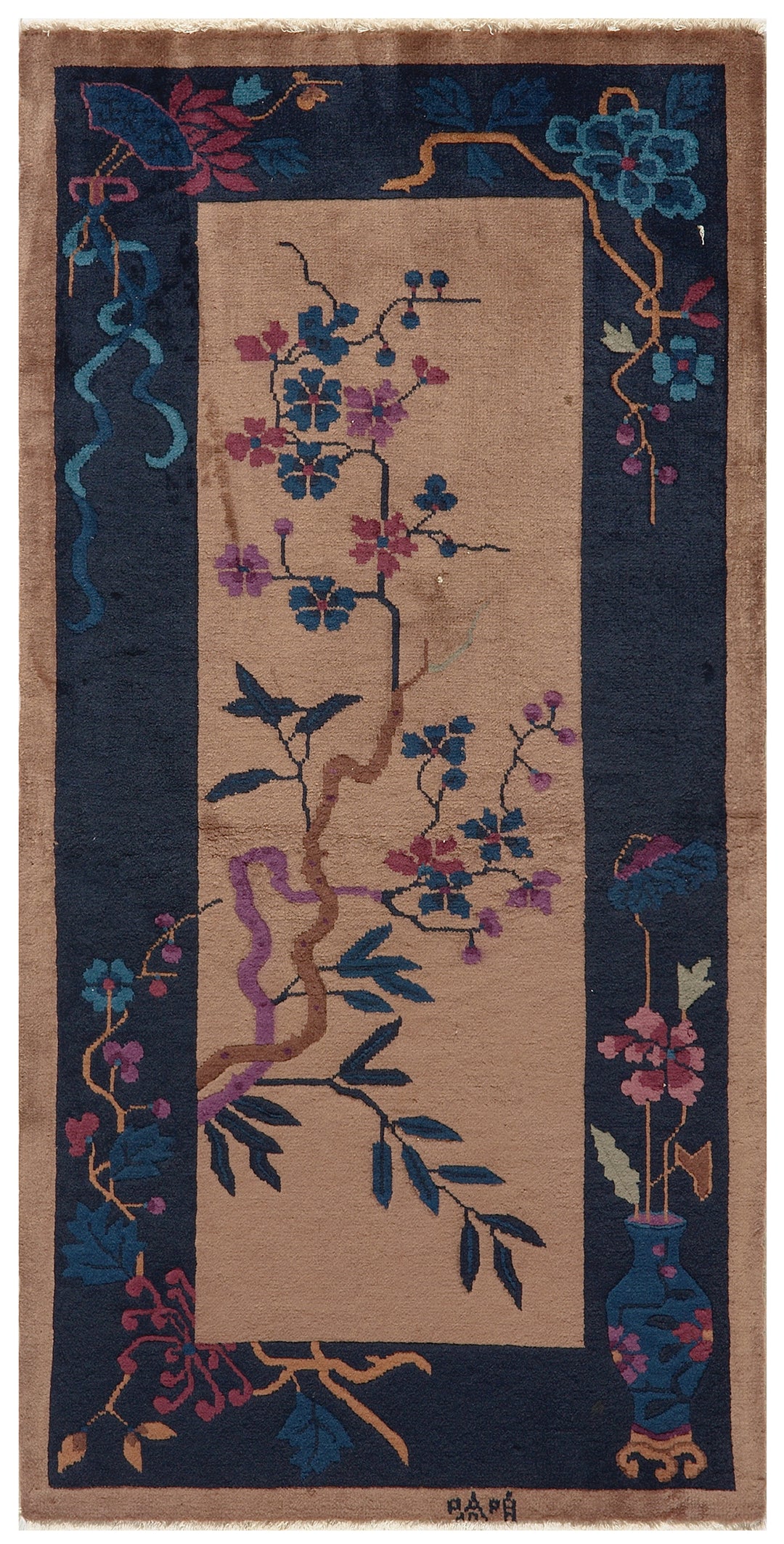 2'x5' Vintage Chinese Art Deco Rug | Brown & Navy Deco Rug