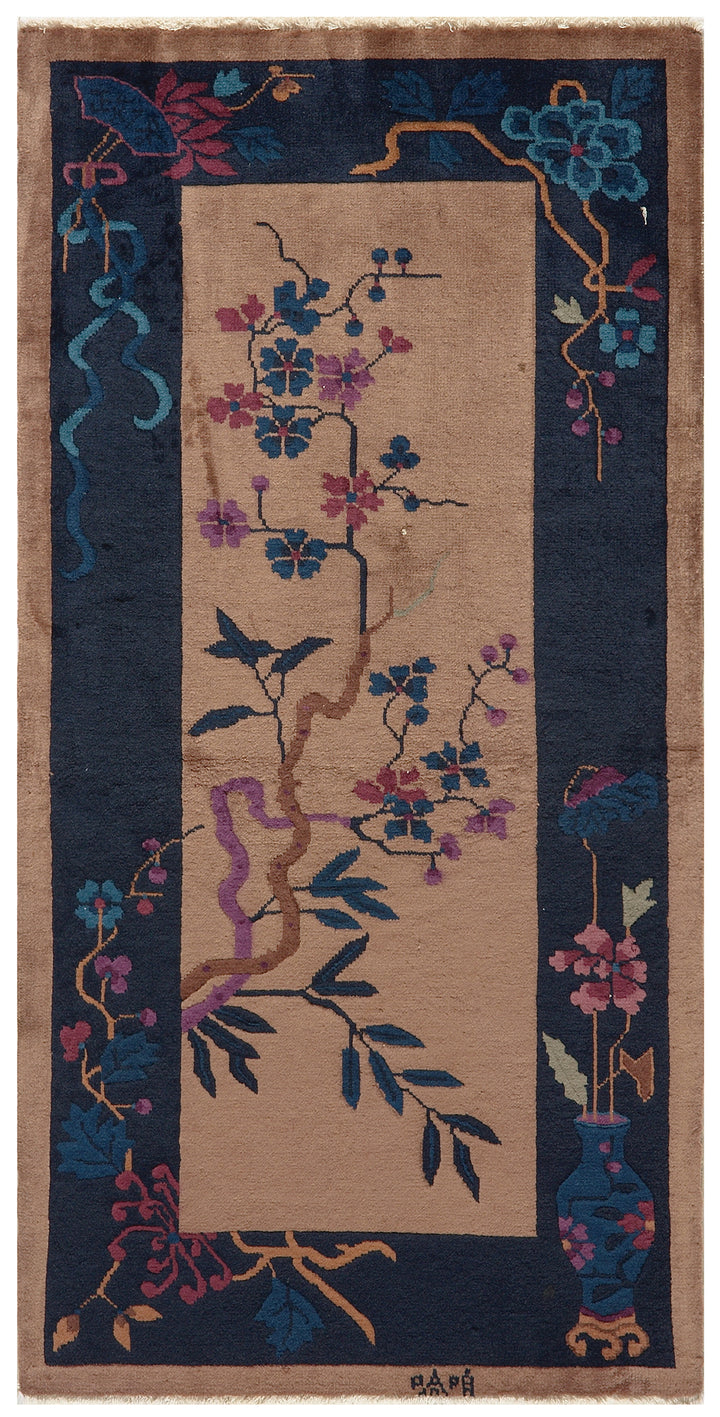 2'x5' Vintage Chinese Art Deco Rug | Brown & Navy Deco Rug